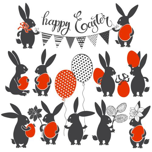 Luftballon. Vektor Hübsche Kaninchen mit roten Oster-Eiern, Narzissen, Weiden, Luftballons, Girlande, Schriftzug Happy Easter auf weißem