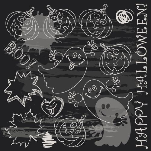 Geist. Vektor märchenhafte geister, süße kürbisse, halloween-symbole auf dunklem