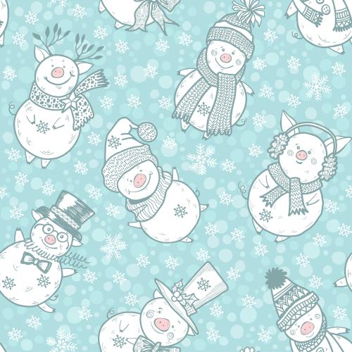 Vektorgrafik cartoonartige schweinchen in hüten und schals, schneeflocken auf blauem in karo