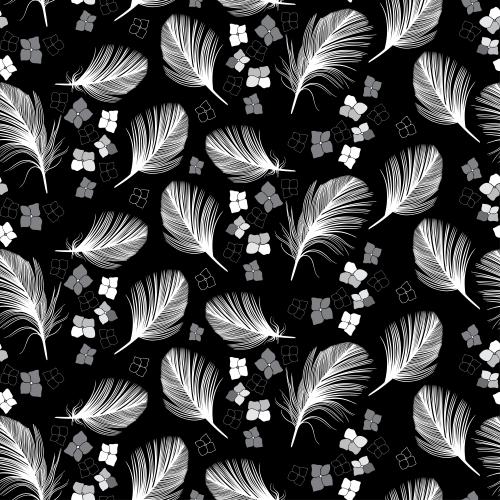 Feder. Vektor Weiße Federn und monochrome Blumen auf schwarzem