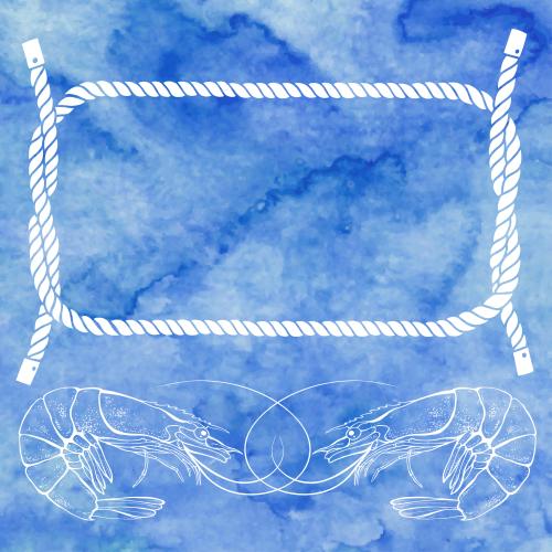 Garnele. Vektor rechteckiger Rahmen aus Meeresseil und Garnelen auf blauem Aquarell
