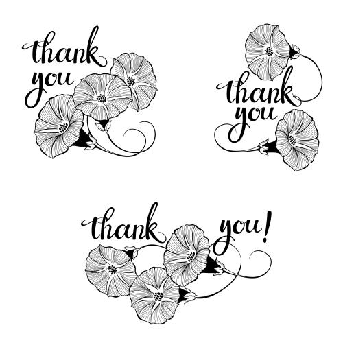 Ackerwinde. Vektor kompositionen mit Blumen der Wicken und der Aufschrift Thank You auf weißem