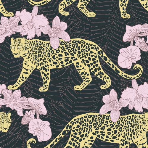 Farn. Vektor Leoparden, Orchideen und Farnblätter auf schwarzem