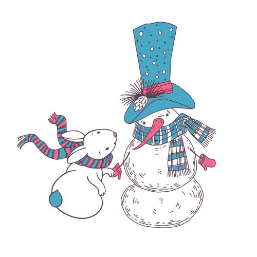 Vektorgrafik maltiöser schneemann im zylinder und hübscher hase im schal auf dem weißen