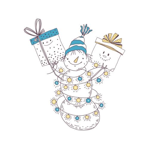 Schneemann. Vektor Maltäsch Schneemann mit Girlande und Geschenken auf weißem