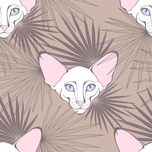Oriental katze. Vektor kater Oriental, herrliche Gesichter und Palmenblätter auf pastellbraunem