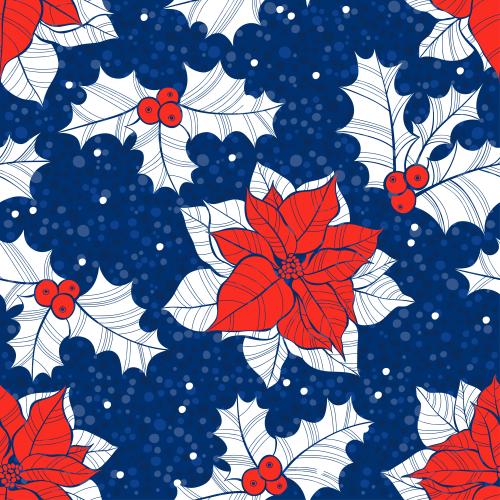 Weihnachtsstern. Vektor Poinsettia und Euphorbia auf blauem Karomuster