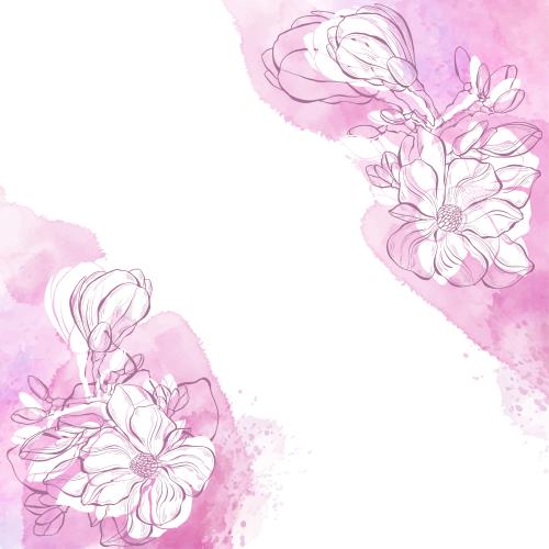 Vektorgrafik magnolie, konturen und silhouetten auf aquarell, platz für text auf weißem, eckige komposition