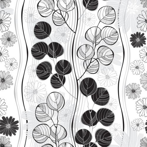 Zichorie. Vektor Eukalyptuszweige, dekorative Silhouetten und Konturen von Blumen, vertikale wellige Linien auf weißem