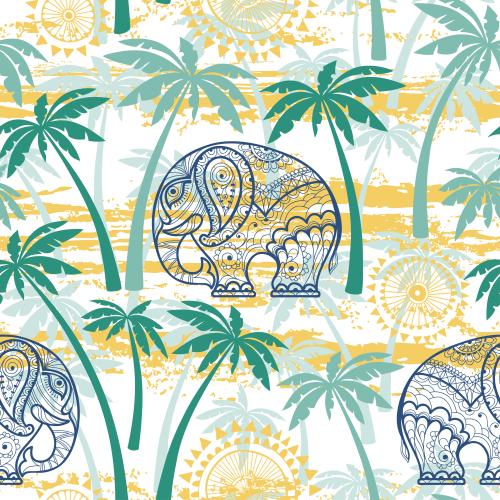 Elefant. Vektor dekorative Elefanten und Elemente, Silhouetten von Palmen auf texturiertem weißem