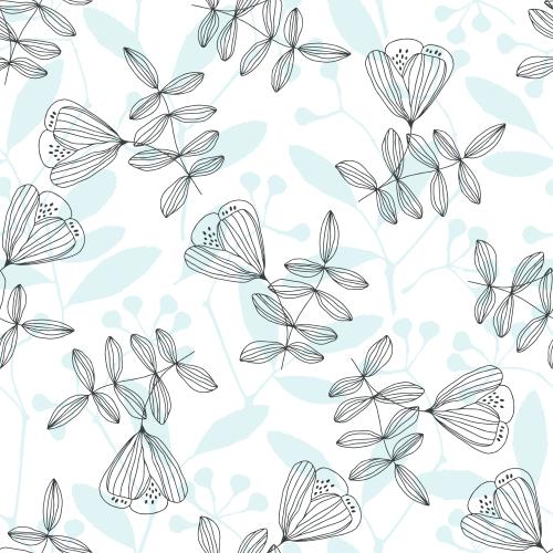 Vektorgrafik dekorative blumen und pflanzen, schwarze konturen und blaue silhouetten auf weiß