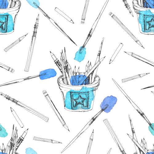 Bleistift. Vektor Kreiden, Bürsten, Kunstbedarfbox, Aquarell-Fragmente auf weiß