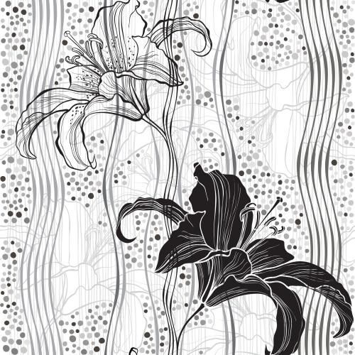 Lilie. Vektor silhouetten und Konturen von Lilien, gerade und wellige vertikale Linien, monochromes Kariertes Muster auf weißem