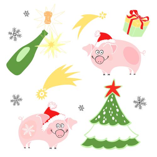 Vektorgrafik cartoon-schweine in weihnachtsmuetzen-weihnachtsbaum-champagner-schneeflocken auf weissem
