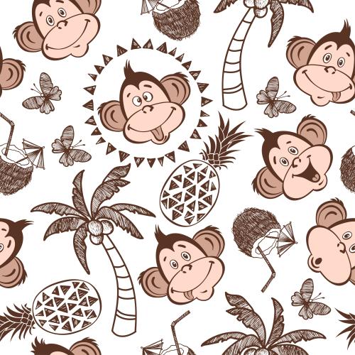 Palme. Vektor Hübsche Affengesichter, Palmen, Ananasen, Kokoscocktails, Schmetterlinge auf weissm
