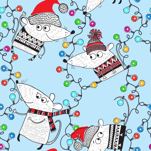 Maus. Vektor Weihnachts-animierte Mäuse mit Lichterketten auf blauem