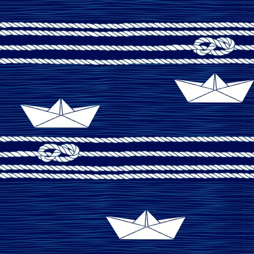Seemannsknoten. Vektor Meerknoten, Seile, Papierboote, Wellen auf dem Blau