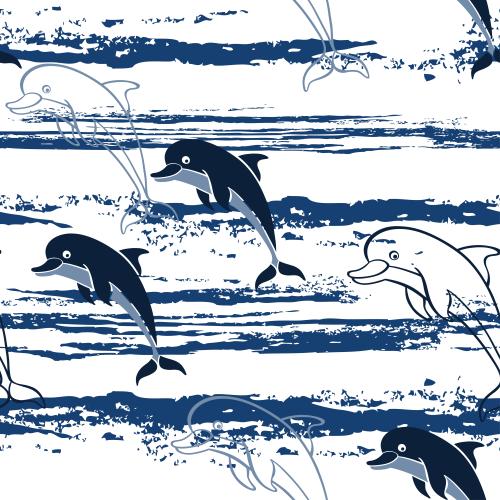 Delfin. Vektor Delfine, blaue Wellen, Spritzer auf weißem
