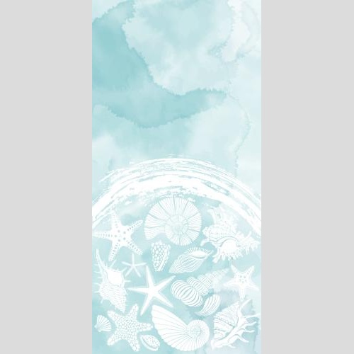 Nautilus. Vektor postkarte mit marinethema-meeressternen-muscheln-welle-und-platz-fuer-text-auf-blauem-aquarell