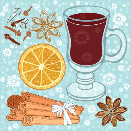 Zimt. Vektor Glas mit Glühwein, Gewürze: Zimtstangen, Anissterne, Orange, Nelken auf blauem