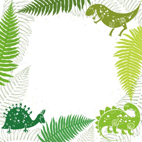 Farn. Vektor quadratische Rahmen mit Zeichentrick-Dinosauriern und Farnblättern, farbige Silhouetten und Konturen auf weißem