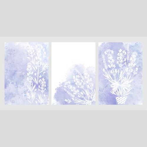 Vektorgrafik drei postkarten mit lavendel und lila aquarellfarbenen fragmenten