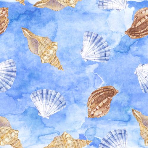 Rasterbild aquarellmuscheln auf blauem aquarell