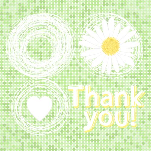 Vektorgrafik margerite, herz und beliebige kreise, schriftzug thank you auf einem feld im grünen kariertuch