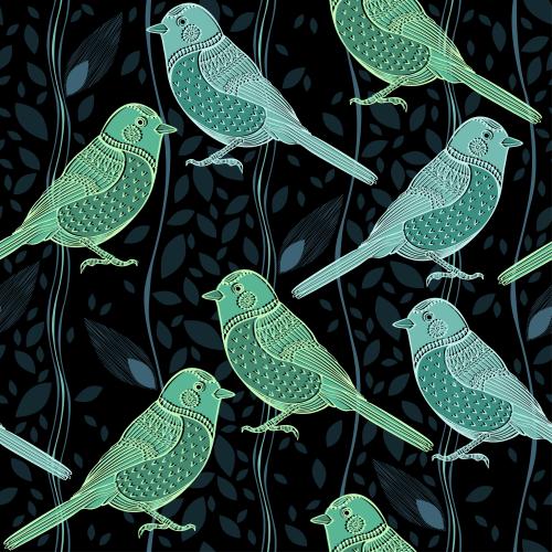 Vektorgrafik vögel, blätter, vertikale wellige linien auf schwarzem
