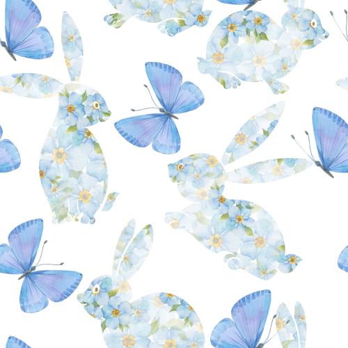 Vergissmeinnicht. Vektor Aquarellschmetterlinge, blumenverzierte Glockenblumenkaninchen auf weißem