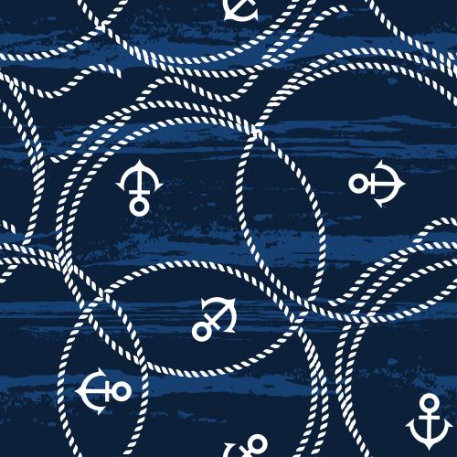 Seil. Vektor Weiße Kreise aus marinen Seilen und Anker, texturierte Wellen auf Blau