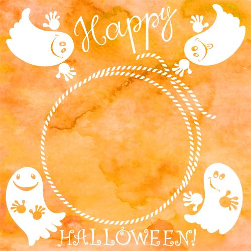 Geist. Vektor runde rahmen aus seil, hübsche geister, schriftzug happy halloween auf aquarelloranges