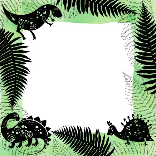 Aquarell. Vektor quadratischer Rahmen mit cartoonartigen Dinosauriern und Farnblättern, schwarze Konturen und Silhouetten auf Aquarell