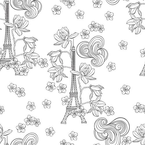 Eiffelturm. Vektor Eiffelturm, Magnolie, Sakura-Blüten, Wolken auf weißem