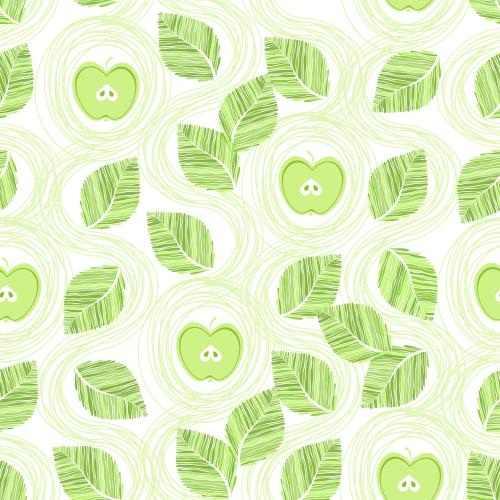 Frucht. Vektor Äpfel, Blätter, wellenförmige Linien und Kreise in zarten grünen Tönen