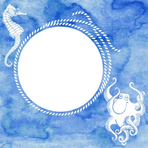 Oktopus. Vektor kreisrahmen mit Seepferdchen, Oktopus, Seil auf blauem Aquarell