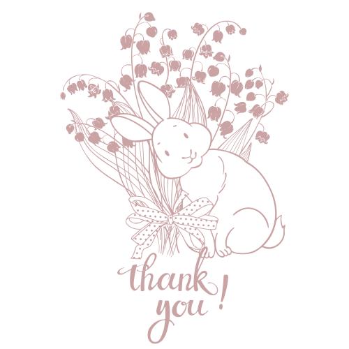 Vektorgrafik süßes häschen mit einem lilienbouquet und die inschrift "danke" auf weiß