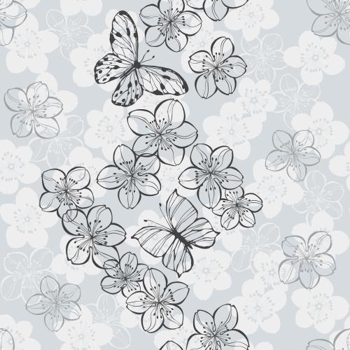 Kirschblüte. Vektor Sakura-Blumen und Schmetterlinge auf Grau