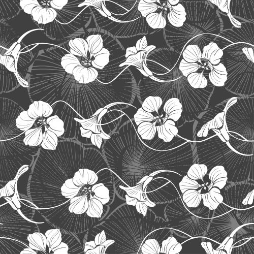 Kapuzinerkresse. Vektor Weiße Silhouetten von Nasturzien-Blumen auf monochromen Blättern