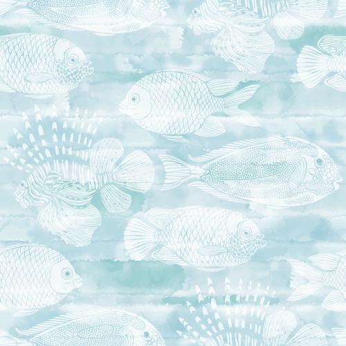 Vektorgrafik weiße silhouetten exotischer fische auf blauem aquarell