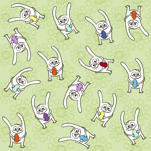 Hase. Vektor cartoonartige Kaninchen mit buntfarbigen Osterhaseneiern auf Gras