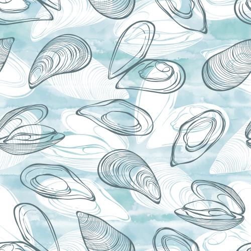 Miesmuschel. Vektor Muscheln, Konturen und Silhouetten auf blauen Aquarell