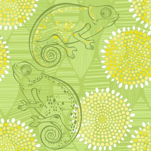 Erbse. Vektor Hübsche cartoonartige Chameleons auf abstrakten grünen Blättern und Blumen