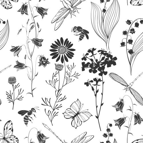 Biene. Vektor Kuckucksblumen, Lilien, Gänseblumen, Raps, Schmetterlinge, Libellen und Bienen auf weißem