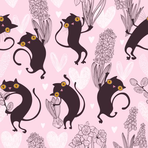 Herz. Vektor cartoonartige schwarze katzen mit hyazinthen, narzissen, muscari, einem weidenzweig und herzen auf zartrosenfarbenem