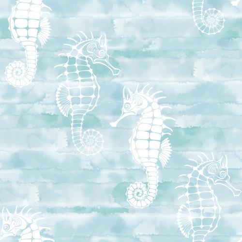 Vektorgrafik seepferdchen, weiße silhouetten und konturen auf blauem aquarell