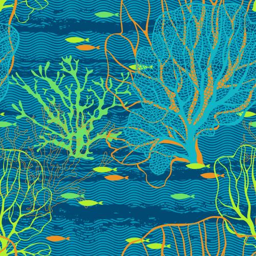 Natur. Vektor Unterwasserwelt, Algen, Korallen, Fische und Wellen