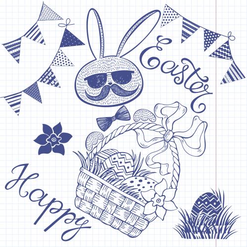 Heft. Vektor grafische Elemente zu Ostern, Schriftzug Happy Easter auf kariertem Notizblock