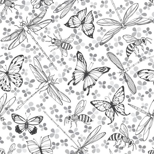 Insekt. Vektor Libellen, Schmetterlinge, Bienen, Silhouetten monochromer Blumen auf weißem
