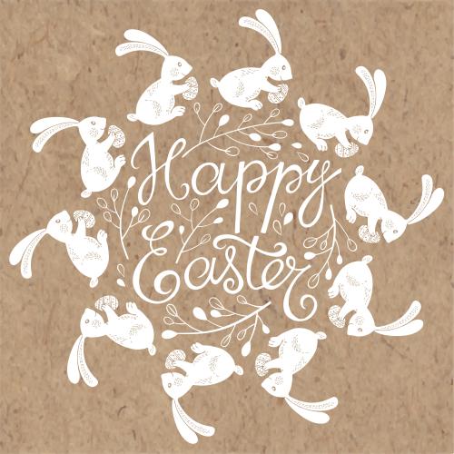 Vektorgrafik kaninchen mit oster-eiern laufende im kreis zweige und die aufschrift happy easter auf kraftpapier